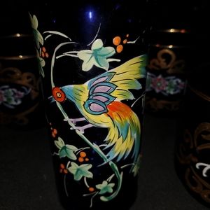 4 COBALT BLUE HAND PAINTED GLASS AND VASE